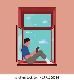 stay at home, reading a book. enjoy the atmosphere of the day in the window of the room. flat design
