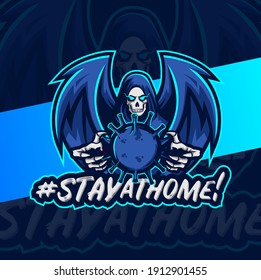 stay at home, reaper skull with corona virus disease 19 or covid-19 mascot esport logo design