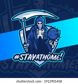 stay at home, reaper skull with corona virus disease 19 or covid-19 mascot esport logo design