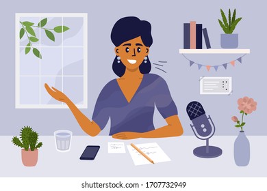 Stay at home, recording podcast show. Female radio host speaking into microphone. Podcaster making content. Social media broadcasting. Blogger workspace. Cute girl sitting at table vector illustration