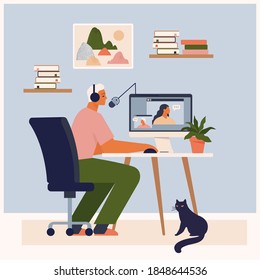 Stay at home, recording podcast show. Male radio host speaking into microphone. Podcaster making content. Social media broadcasting. Blogger workspace. Cute man sitting at table vector illustration