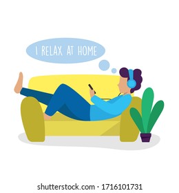 Stay at home relaxing during corona virus outbreak concept, male female flat design.