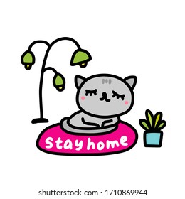 Stay home sad cat hand drawn vector illustration in cartoon comic style isolation while coronavirus covid-19 infection quarantine