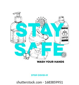 Stay home, stay safe, best protection against a covid-19 viral infection, hand drawn retro vector illustration. Different means of prevention, sketch vintage engraving isolated on white background.