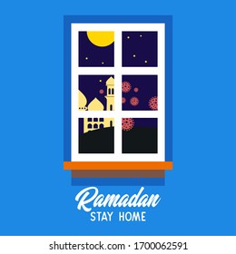 Stay home, stay safe campaign for self quarantine and physical distancing in holy month of ramadan with house illustration in flat design at night time with moon and stars