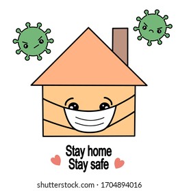 stay home stay safe cartoon vector quote with home with medical mask  , quarantine Covid-19 coronavirus concept illustration.