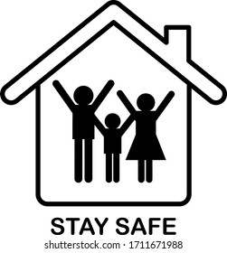 Stay home, stay safe concept . Coronavirus Covid-19, quarantine symbol. Family of adults and kid stay at home to reduce risk of infection and spreading the virus. Vector illustration.