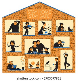 
Stay Home Stay Safe Concept. People and families in stylized windows of apartment. Self isolation times. Vector illustration, motivation poster.