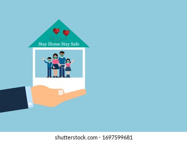 Stay Home Stay Safe concept, Vector illustration EPS10 of Businessman holding model house and model family with wearing protective medical mask, Healthcare and Safety concept,Stop coronavirus