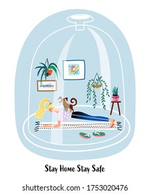 Stay home Stay safe concept. Woman is doing yoga asana plank, in living room under cloche. Self isolation, social distancing on quarantine at coronavirus pandemic. Vector character illustration