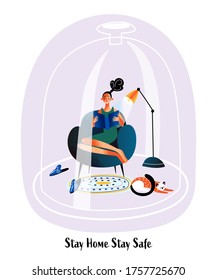 Stay home Stay safe concept. Woman sitting in chair, reading book, in living room under cloche. Self isolation, social distancing on quarantine at coronavirus pandemic. Vector character illustration