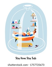 Stay home Stay safe concept. Woman is takes bath, reads magazine, in bathroom under cloche. Self isolation, social distancing on quarantine at coronavirus pandemic. Vector character illustration