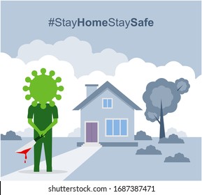 Stay at Home and stay safe, Corona virus (Covid 19) waiting outside with knife vector design