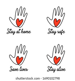 Stay home stay safe coronavirus awareness logo design, volunteer symbol, helpful hand icon, welcome, goodbye, good luck