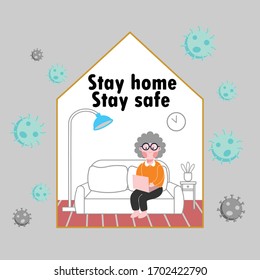 Stay home stay safe coronavirus quarantine. Vector illustration flat.
An elderly woman sits on a sofa inside her home and uses a laptop.