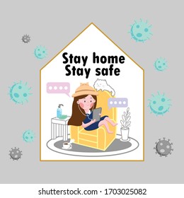 

Stay home stay safe coronavirus quarantine. Vector illustration flat.
The girl sat on the couch at home and talked to friends. on a tablet A cute cat sits on a sofa near her.
 