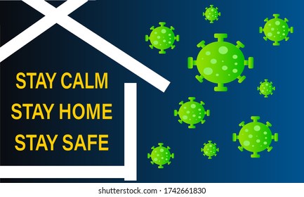 Stay home, stay safe coronavirus quarantine banner. Home safe area. Design with a house and a microbe Kovid 19 on the street