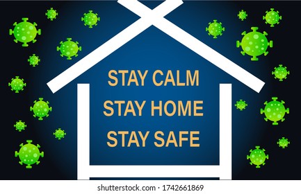 Stay home, stay safe coronavirus quarantine banner. Home safe area. Design with a house and a microbe Kovid 19 on the street