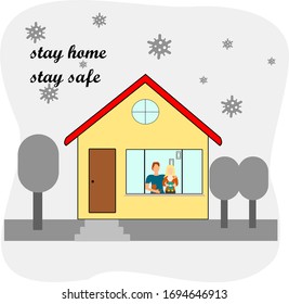 Stay home stay safe during the coronavirus epidemic. Family staying at home in self quarantine, protection from virus. Coronavirus outbreak concept. Vector illustration in flat style.