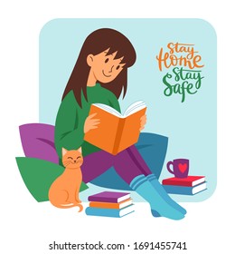 Stay home, stay safe. Girl in green sweatshirt with orange cat sitting on pillows and reading book. Flat vector illustration with lettering. Self isolation, coronavirus quarantine poster design. 