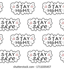 Manténgase en casa, manténgase a salvo - letras vectoriales manuales sobre el tema de cuarentena, tiempos de autoprotección y prevención del coronavirus en estilo dibujado a mano. Patrón sin problemas para los medios sociales, sitios web, volantes, web