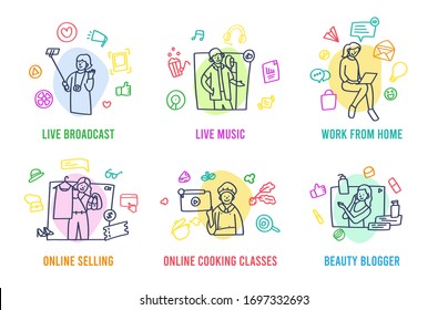 Stay home stay safe icon set, Home activity for coronavirus prevention, live selling, beauty blogger, cooking from home, working from home vector icon set.