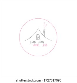 Stay home stay safe illustration on white background. Pink hearts coming out of chimney stack. Cute hand-drawing illustration. Stop spreading 2019-ncov. Disinfecting Coronavirus. Protection from pandemic. 