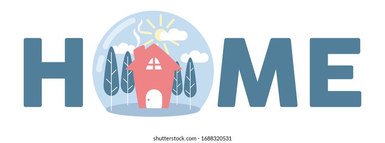 stay at home. Stay safe, stay inside home  with tree in flat illustration. 