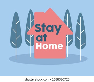 stay at home. Stay safe, stay inside home  with tree in flat illustration. 