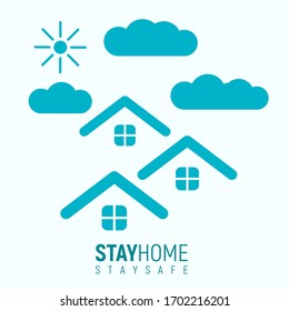 stay at home. Stay safe, stay inside home  with tree, cloud, and sun in flat illustration. 
