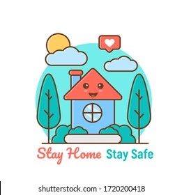 stay at home. Stay safe, stay inside home  with tree, cloud, like love icon and sun in monoline flat illustration. cute and kawaii design. home icon