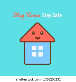 stay at home. Stay safe, stay inside home  with tree, cloud, like love icon and sun in monoline flat illustration. cute and kawaii design. home icon