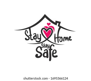 Stay home, stay safe- Lettering typography with heart shapes in the home. Hand letter script motivation poster. The concept of quarantine and stay at home.