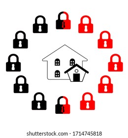 stay at home stay safe lockdown symbol,covid-19 campaign to stay at home.icon lifestyle activity that you can do at home to stay healthy, The padlocks or key is like a house fence symbol.
