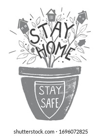 Stay home stay safe. Monochrome hand-drawn cute poster. Stop coronavirus outbreak. 