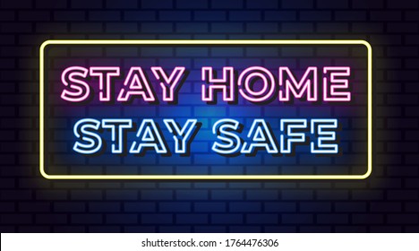 Stay home stay safe neon signs vector. Design template neon text style