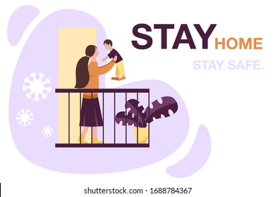 Stay home, stay safe. People keep their distance, a young mother and her son stands on the balcony and have fun. Stay home in quarantine during the coronavirus epidemic. Take care of your family.