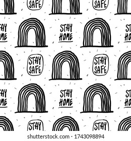Stay home, stay safe rainbow black and white pattern vector illustration for posters, flyers, cards, stickers, and professional design. Seamless repeat pattern design for fabric.