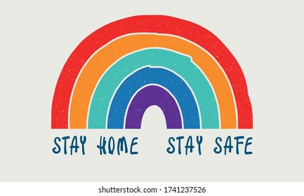 Stay home stay safe Rainbow color label and illustration for flyers, posters, cards, stickers, and professional design.