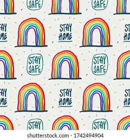 Stay home, stay safe rainbow color pattern vector illustration for posters, flyers, cards, stickers, and professional design. Seamless repeat pattern design for fabric.