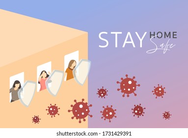 Stay Home Stay Safe for Social Distancing from Covid-19 Pandemic and Coronavirus Illustrator Poster Design. People Vector Banner in the safe building with protection shield and gradients background.