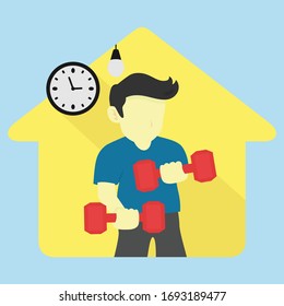 Stay At Home Stay Safe. Sport With Barbell Flat Design Logo Vector Illustration
