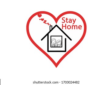 Stay Home, Stay Safe, Home Sticker Symbol, Family In The House Is Safe, Hugging And Looking Out The Window, House Inside The Heart, A Symbol Of Self-isolation And Safety From The Coronavirus COVID-19