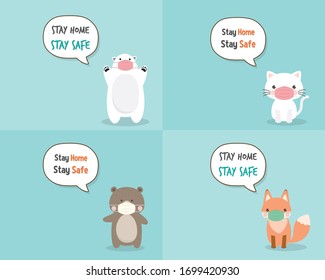 Stay home. Stay safe. Text  for Self quarantine concept. Cute Polar Bear , Bear and Kitten Cat character wearing medical mask. Stop Coronavirus (COVID-19) Vector Illustration. 