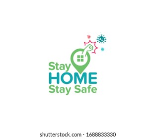 Stay home, stay safe- typography with home icon into the green color location pin and fighting hand against virus. The concept of quarantine and stay at home.