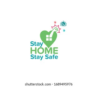 Stay home, stay safe- typography with home icon into the green color heart shape and fighting hand against virus. The concept of quarantine and stay at home.