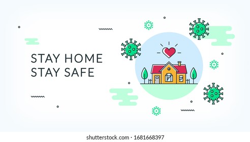 Stay home stay safe. Vector color illustration on the topic of quarantine and home self-isolation. Linear icon of coronavirus. Concept for web site or banner.