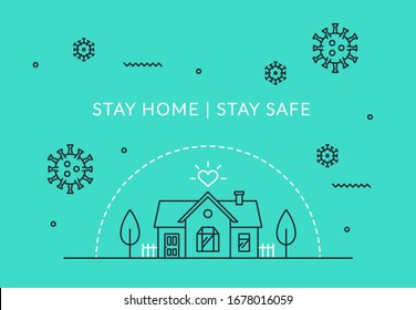 Stay home stay safe. Vector illustration on the topic of quarantine and home self-isolation. Linear icon of coronavirus. Web banner concept.