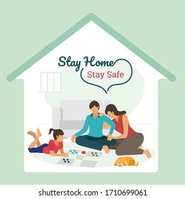 Stay Home Stay Safe vector illustration, Family playing board game. Father mother and daughter spending leisure time together. Indoors, Self isolation, Quarantined.