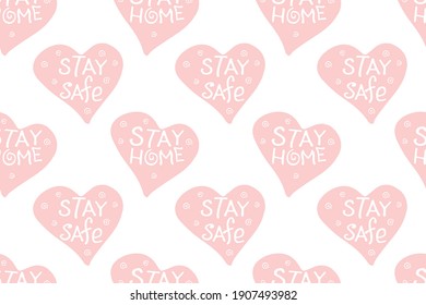 Stay home, stay safe - vector lettering on theme of quarantine, self protection times and coronavirus prevention in flat doodle style. Seamless pattern for social media, sites, flyers, web
